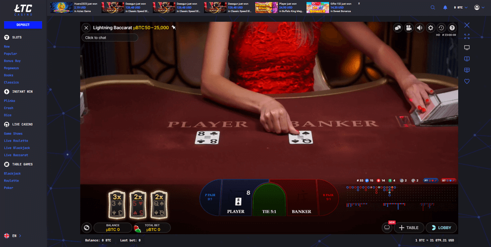 Lightning Baccarat LTC Casino Screenshot