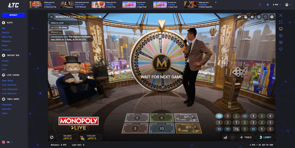 Monopoly Live LTC Casino Screenshot