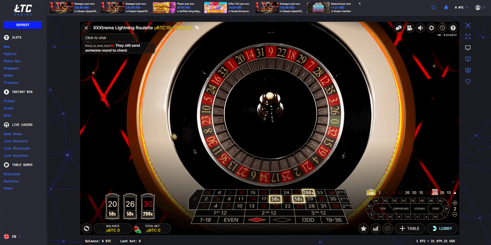 XXXtreme Lightning Roulette LTC Casino Screenshot